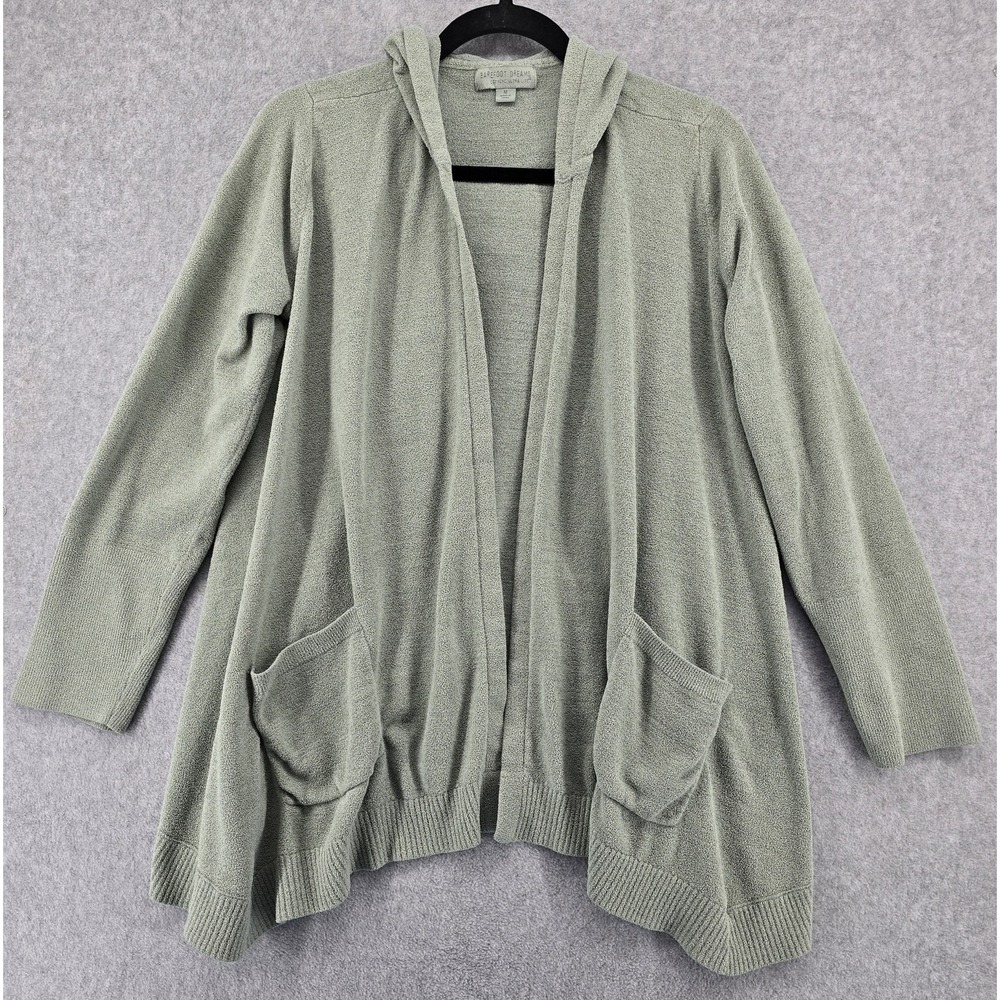 Barefoot Dreams CozyChic Ultra Lite Hooded Cardigan Sz M Sage Green Open‎ Cozy